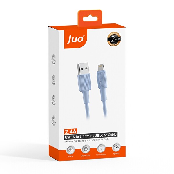 Juo JCBS111-L 12W 2.4A USB-A to Lightning Silikon Hızlı Şarj ve Data Kablosu Mavi 1 M
