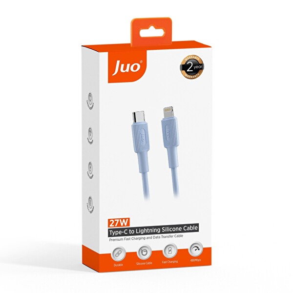 Juo JCBS271-L 27 W USB Type-C to Lightning iPhone iPad Silikon Hızlı Şarj ve Data Kablosu Mavi 1 M