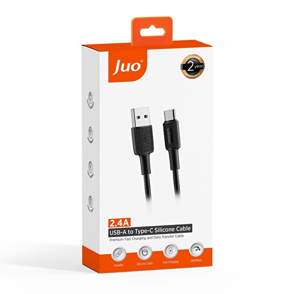 Juo JCBS122-B 12 W USB-A to Type-C Silikon Hızlı Şarj ve Data Kablosu Siyah 2 M