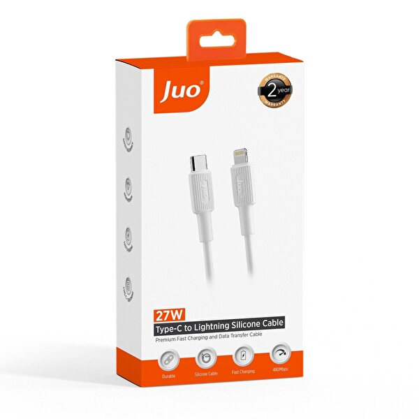Juo JCBS271-W 27 W USB Type-C to Lightning Silikon Hızlı Şarj ve Data Kablosu Beyaz 1 M