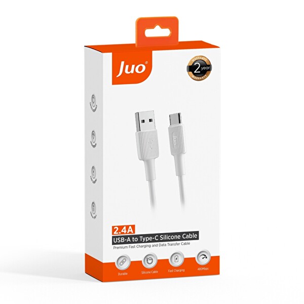 Juo JCBS122-W 12 W USB-A to Type-C Silikon Hızlı Şarj ve Data Kablosu Beyaz 2 M