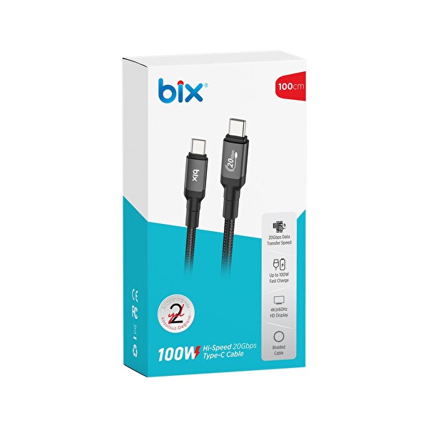 Bix BX07CC 100 W Hi-Speed 20 Gbps 4K 60Hz Örgülü Metalik Başlıklı Type-C Şarj Data ve Görüntü Kablosu Koyu Gri 1 M