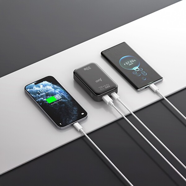 Juo JLP133 10000 mAh 33W LED Watt Amper Göstergeli USB-A + Type-C Powerbank Taşınabilir Hızlı Şarj Cihazı Gri