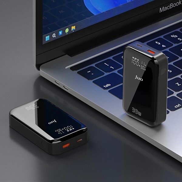 Juo JLP133 10000 mAh 33W LED Watt Amper Göstergeli USB-A + Type-C Powerbank Taşınabilir Hızlı Şarj Cihazı Gri