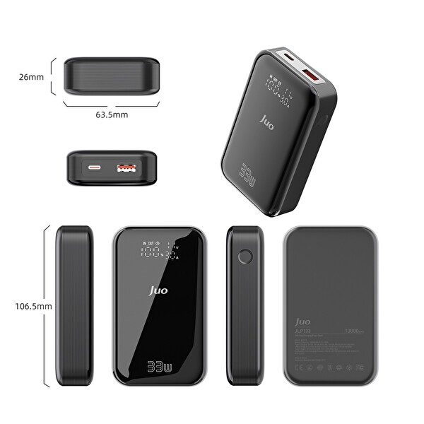 Juo JLP133 10000 mAh 33W LED Watt Amper Göstergeli USB-A + Type-C Powerbank Taşınabilir Hızlı Şarj Cihazı Gri