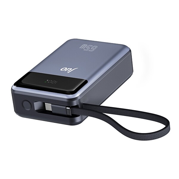 Juo JLP265 20000 mAh 65W LED Ekranlı USB-A + Type-C Kablolu Taşınabilir Hızlı Şarj Cihazı Powerbank Gri