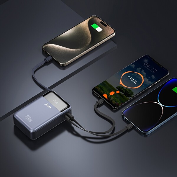 Juo JLP265 20000 mAh 65W LED Ekranlı USB-A + Type-C Kablolu Taşınabilir Hızlı Şarj Cihazı Powerbank Gri