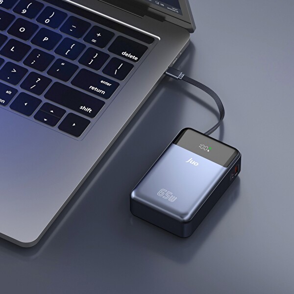 Juo JLP265 20000 mAh 65W LED Ekranlı USB-A + Type-C Kablolu Taşınabilir Hızlı Şarj Cihazı Powerbank Gri