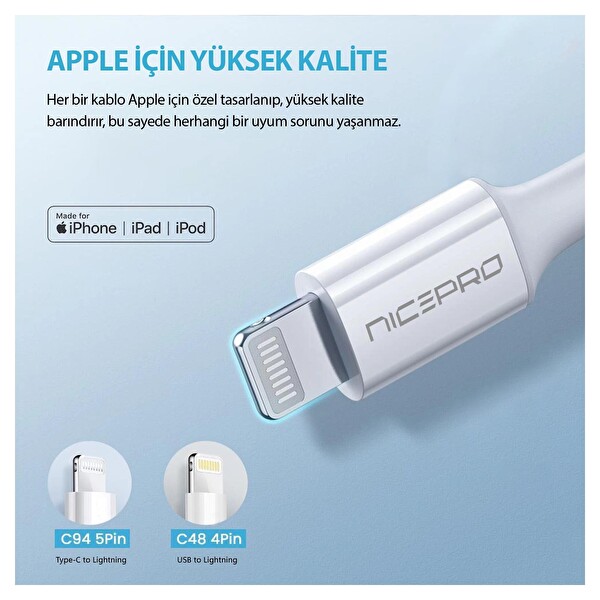 NPO UTL02 60 W 20 CM TPE USB to Lightning Hızlı Şarj ve Data Kablosu Beyaz 3 Adet