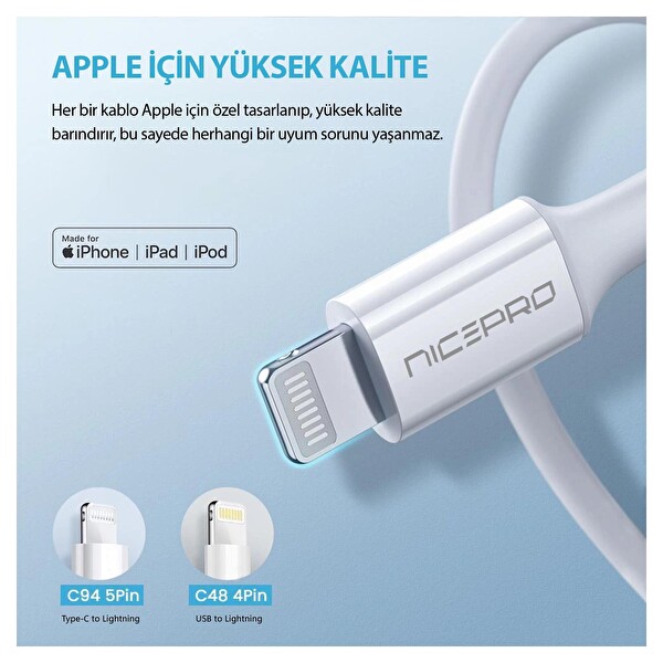 NPO UTL20 45 W TPE USB to Lightning 2 M Hızlı Şarj ve Data Kablosu Beyaz 3 Adet