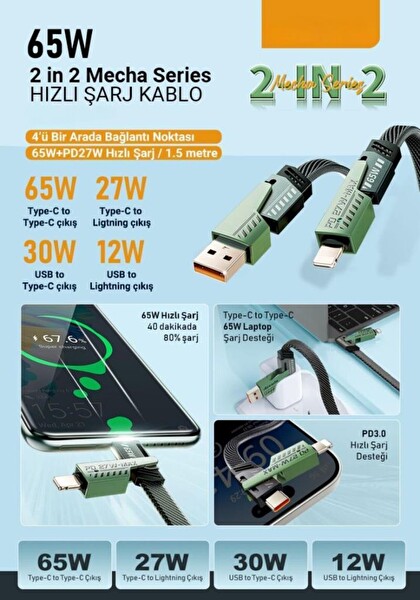 PDAteknoloji AZ-B10th 2in2 4'lü 65 W USB Type-C ve Lightning Örgülü 1.5 M Şarj ve Data Kablosu Siyah