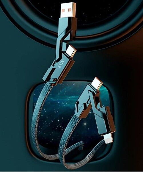 PDAteknoloji AZ-B10th 2in2 4'lü 65 W USB Type-C ve Lightning Örgülü 1.5 M Şarj ve Data Kablosu Siyah