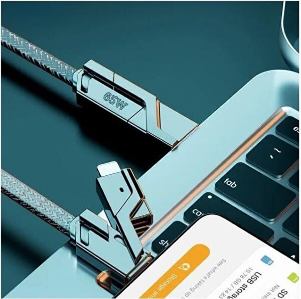 PDAteknoloji AZ-B10th 2in2 4'lü 65 W USB Type-C ve Lightning Örgülü 1.5 M Şarj ve Data Kablosu Siyah