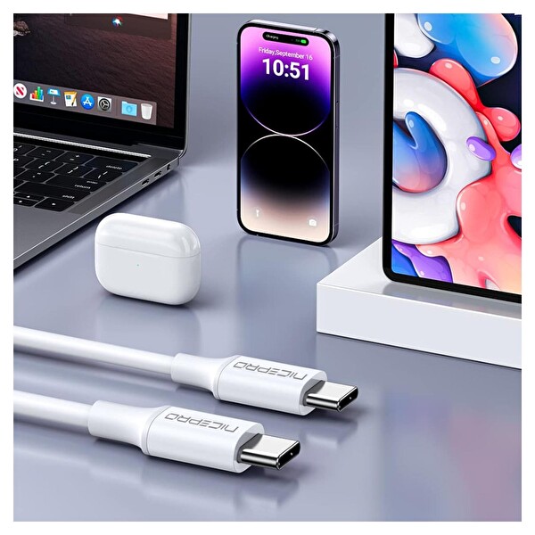 NPO CTC12 60W TPE Type-C to Type-C 1.2 M Hızlı Şarj ve Data Kablosu Beyaz 3 Adet