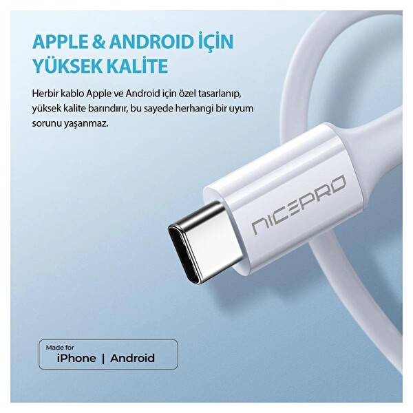 NPO UTC12 60W TPE USB to Type-C 1.2 M Hızlı Şarj ve Data Kablosu Beyaz 2 Adet