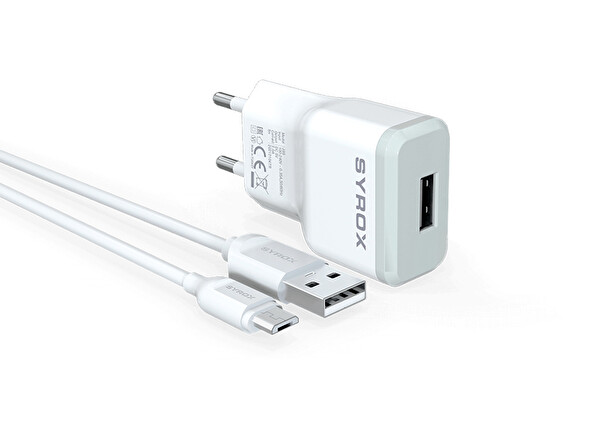 Syrox J15 2.0A 1mt USB-A - Micro USB Kablolu 1xUSB-A Port Çıkışlı Şarj Cihazı Beyaz
