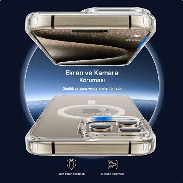 Newface iPhone 16 Pro Uyumlu Magsafe Köşe ve Kamera Korumalı Lüks Şeffaf Silikon
