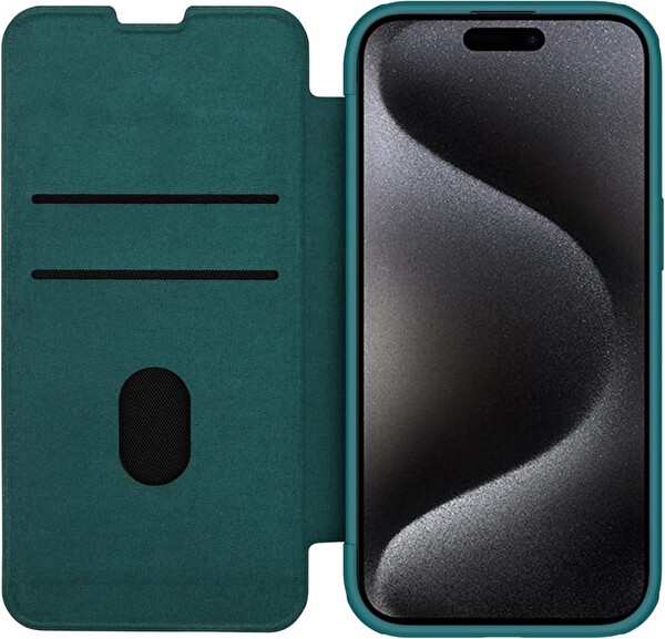 Nillkin iPhone 15 Pro Max Lens Korumalı Kapaklı Deri Kılıf - Yeşil