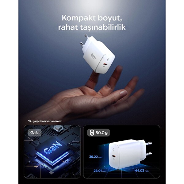 Spigen 20 W USB-C Samsung PPS GaN Destekli Akım Korumalı Mini Hızlı Şarj Aleti