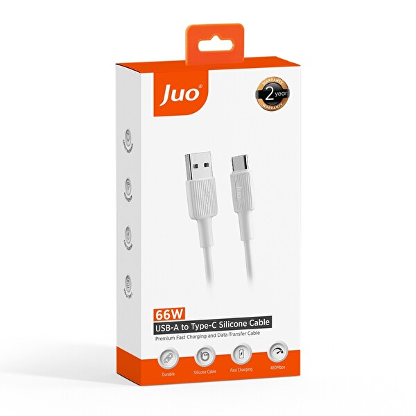 Juo 66W USB-A to USB Type-C Silikon Hızlı Şarj ve Data Kablosu 1 Metre Beyaz