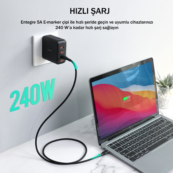 Aukey CB-SCC241-BK 240 W Silikon Type-C 1 M Kablo