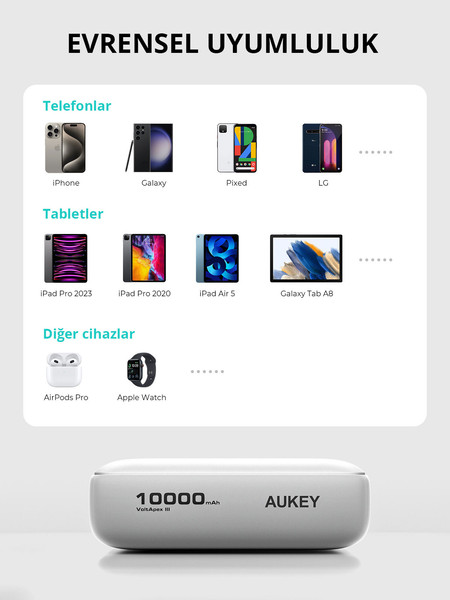 Aukey PB-Y55-WH 22.5W 10000 mAh Hızlı Şarj PD Type-C USB-A Powerbank