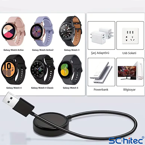 ScHitec Samsung Watch 4 - Watch 5 - Watch 6 Uyumlu UsbA Çıkışlı Fast Wireless Charge Hızlı Kablosuz Akıllı Saat Şarj Cihazı