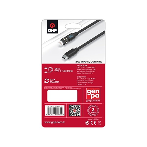 Gnp Type-C to Lightning 27 W 120 CM Led Ekran Kablo