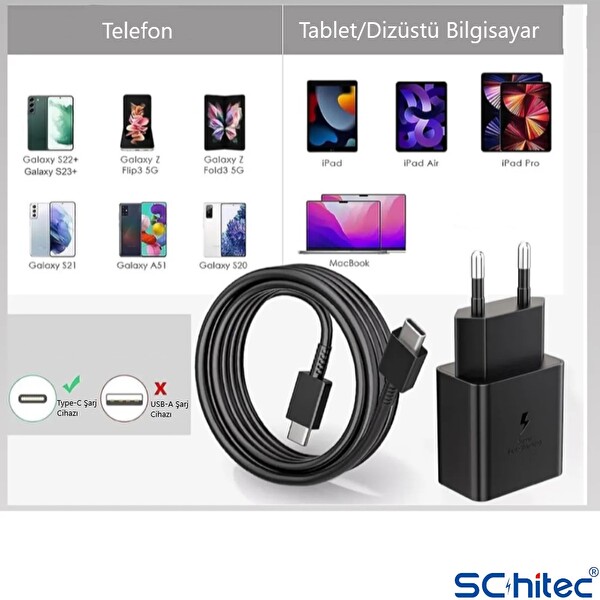 ScHitec SR64 25W Type-C Çıkışlı Type-C to Type-C Kablolu Siyah Şarj Cihazı