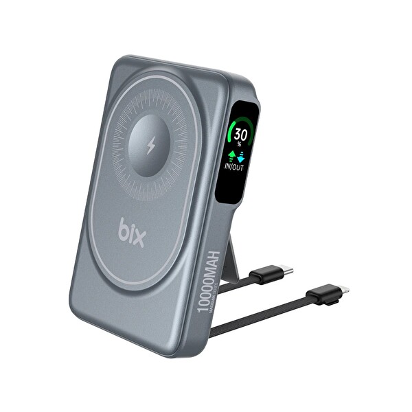 Bix TPB16 10.000 mAh OLED Ekranlı Manyetik Kablosuz 20W PD Hızlı Şarj ve 15W MagSafe Gri Powerbank