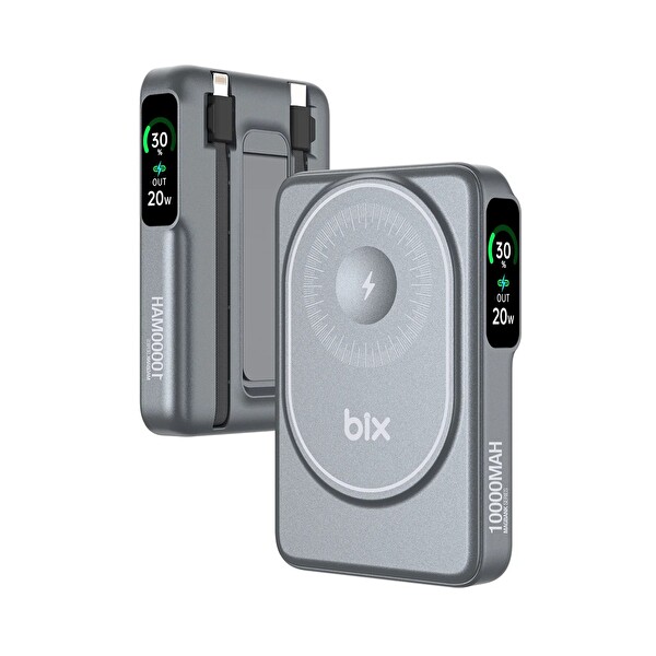 Bix TPB16 10.000 mAh OLED Ekranlı Manyetik Kablosuz 20W PD Hızlı Şarj ve 15W MagSafe Gri Powerbank