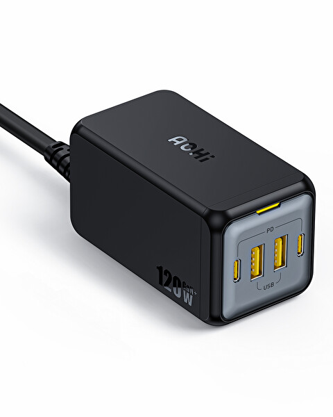 Aohi Magcube 120W GaN+ 4 Portlu Masaüstü USB Şarj İstasyonu Hızlı Şarj Cihazı Siyah