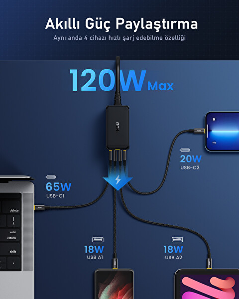 Aohi Magcube 120W GaN+ 4 Portlu Masaüstü USB Şarj İstasyonu Hızlı Şarj Cihazı Siyah