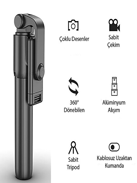 Alfa Uzaktan Kumandalı 70 CM Tripod iOS ve Android Uyumlu Siyah Selfie Çubuğu