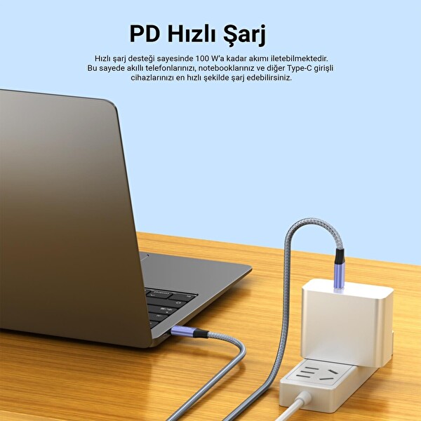 VegGieg USB 3.1 Gen 2 Type-C to Type-C Kablo 1 M 100W PD 10Gbps Veri 4K 60Hz Görüntü Hızlı Şarj Desteği