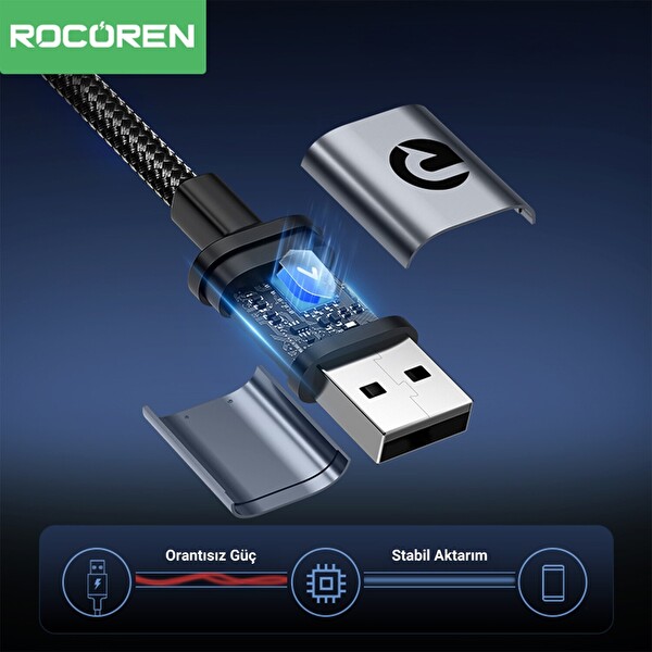 Rocoren USB-A to Type-C 90 Derece 3A Hızlı Şarj ve Data Kablosu 3 M