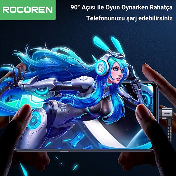Rocoren USB-A to Type-C 90 Derece 3A Hızlı Şarj ve Data Kablosu 2 M