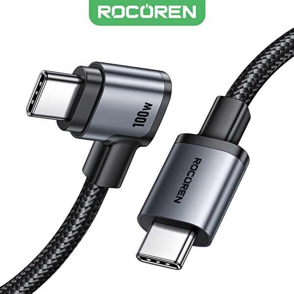 Rocoren 100 W Type-C to Type-C 90 Derece Örgülü PD Hızlı Şarj ve Data Kablosu 2 M