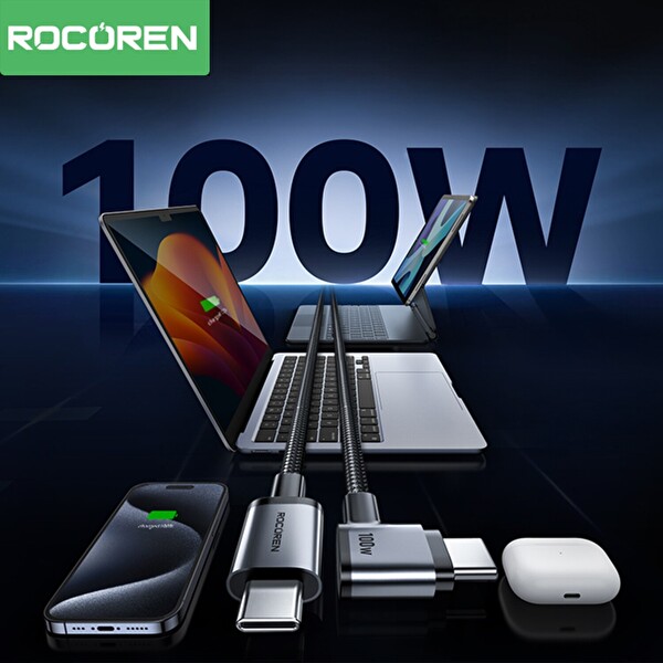 Rocoren 100 W Type-C to Type-C 90 Derece Örgülü PD Hızlı Şarj ve Data Kablosu 2 M