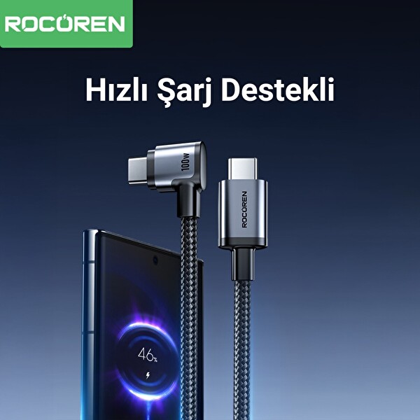 Rocoren 100 W Type-C to Type-C 90 Derece Örgülü PD Hızlı Şarj ve Data Kablosu 2 M