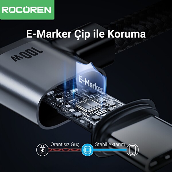 Rocoren 100 W Type-C to Type-C 90 Derece Örgülü PD Hızlı Şarj ve Data Kablosu 1 M