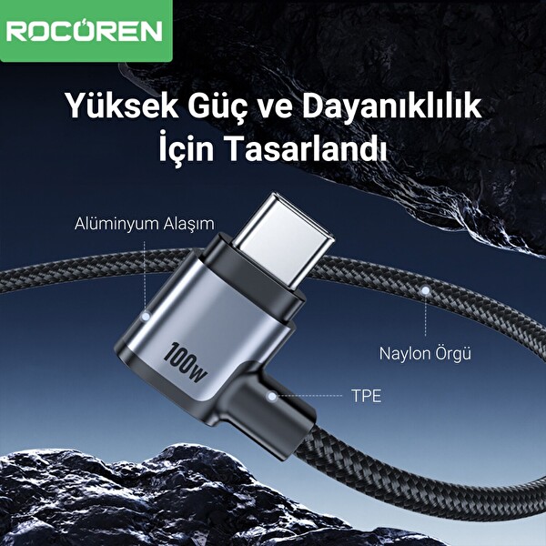 Rocoren 100 W Type-C to Type-C 90 Derece Örgülü PD Hızlı Şarj ve Data Kablosu 1 M