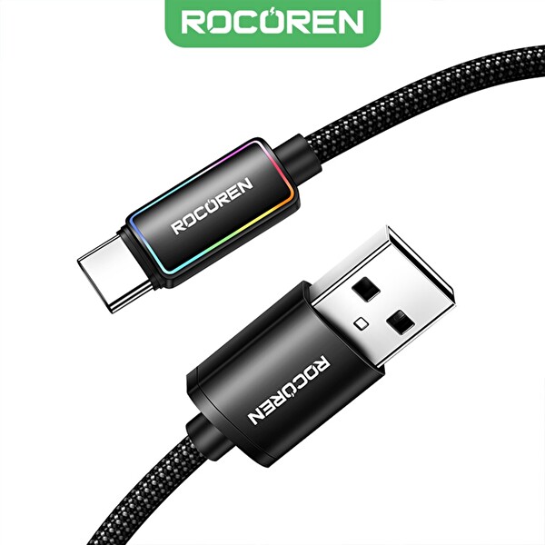 Rocoren Type-C to USB-A RGB Aydınlatmalı 3A Hızlı Şarj ve Data Kablosu 1 M