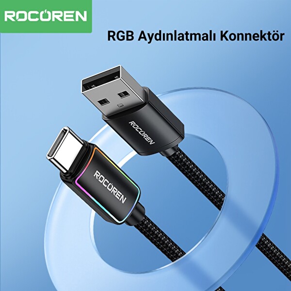 Rocoren Type-C to USB-A RGB Aydınlatmalı 3A Hızlı Şarj ve Data Kablosu 1 M