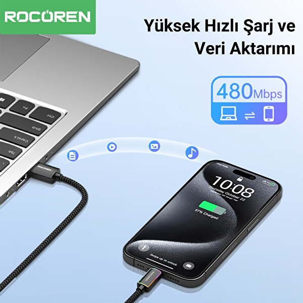 Rocoren Type-C to USB-A RGB Aydınlatmalı 3A Hızlı Şarj ve Data Kablosu 1 M