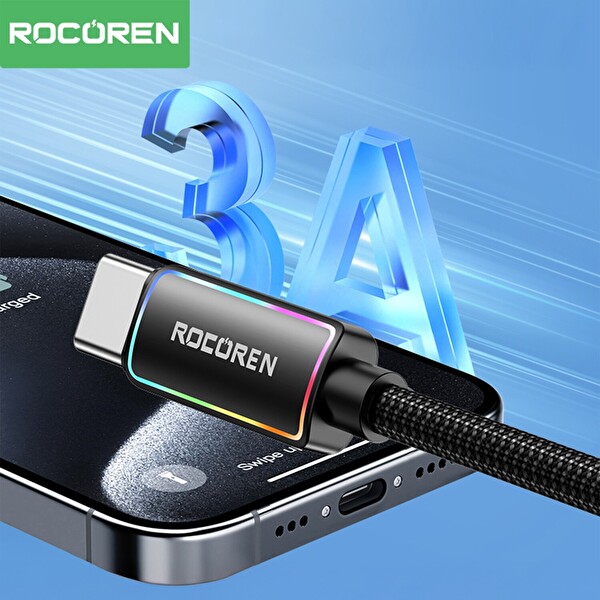 Rocoren Type-C to USB-A RGB Aydınlatmalı 3A Hızlı Şarj ve Data Kablosu 1 M