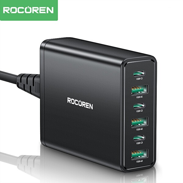 Rocoren 60W 3xType-C ve 3xUSB-A 6 Portlu Şarj Cihazı Masaüstü Şarj İstasyonu