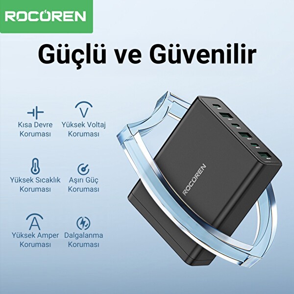 Rocoren 60W 3xType-C ve 3xUSB-A 6 Portlu Şarj Cihazı Masaüstü Şarj İstasyonu