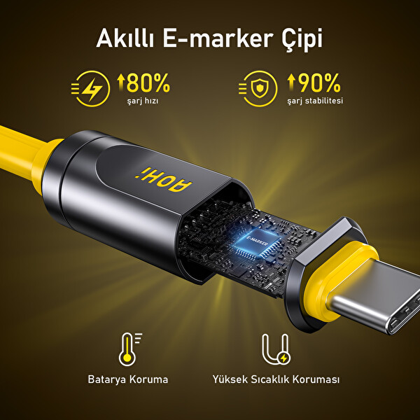 Aohi The Future Adonis Type-C to Type-C 1 M PD 3.1 120 Gbps 240W 8K Süper Hızlı Sarı Şarj Data Kablosu