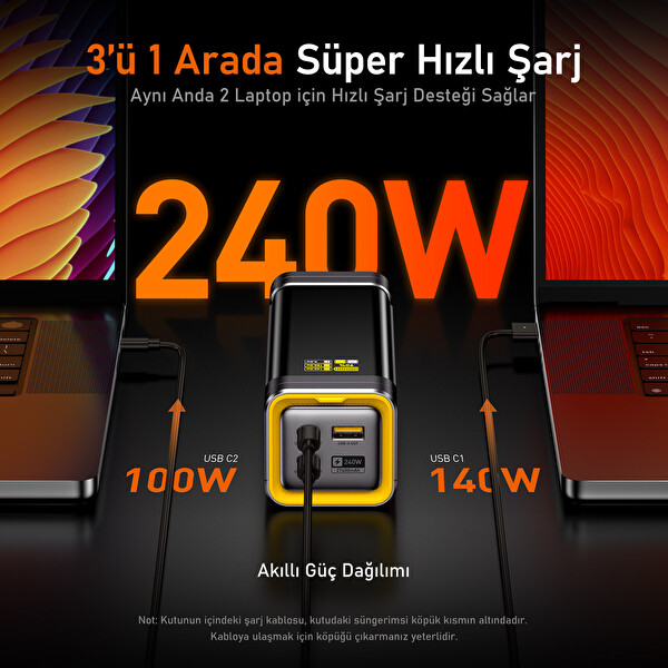 Aohi Youth 140W 3 Portlu 27.600 mAh 240W PD3.1 Powerbank 140W LED Ekranlı Süper Hızlı Sarı Siyah Şarj-Data Kablosu Seti